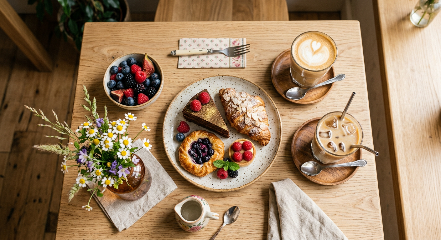 Cakes, pastries and coffees laid out on a light timber table